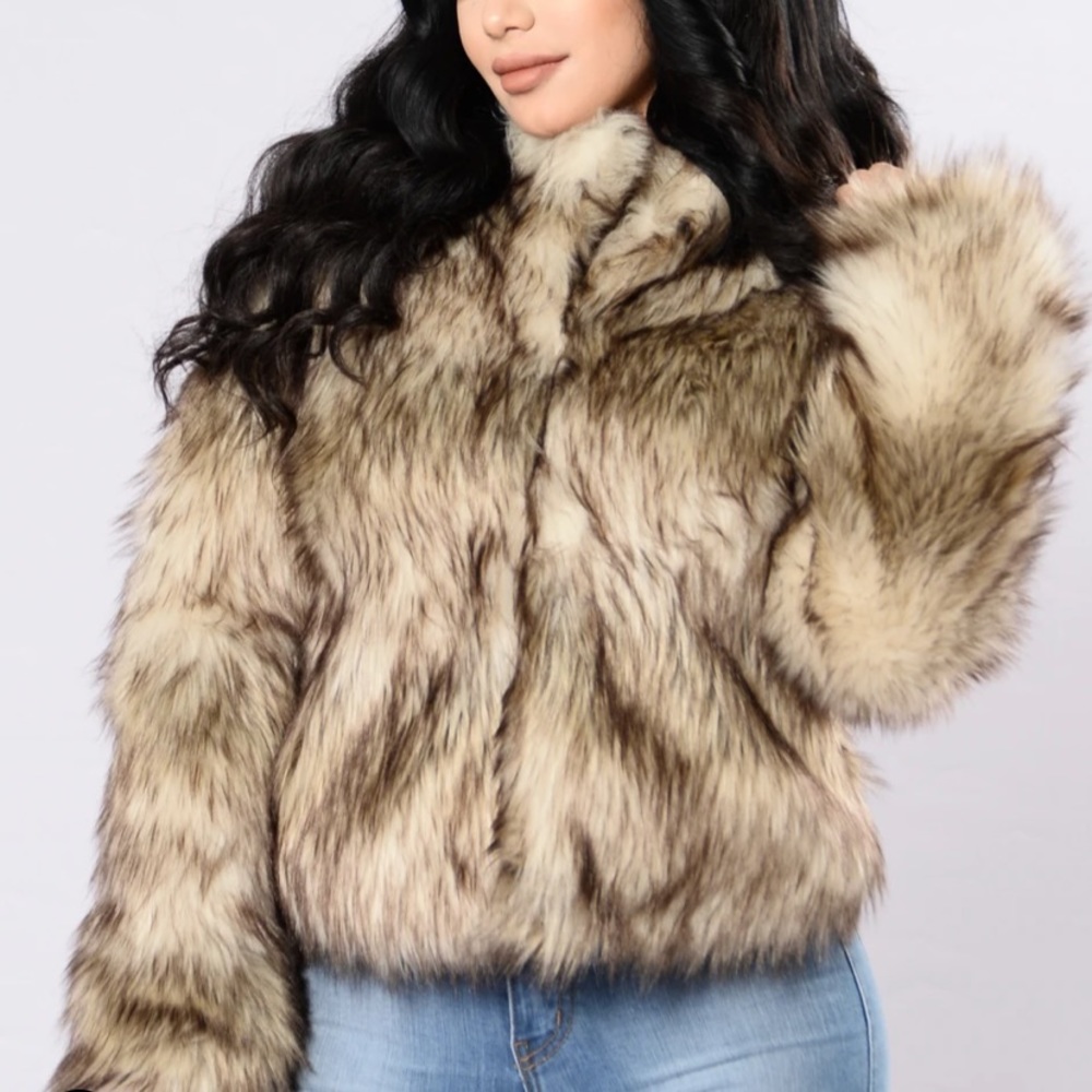 Fashion Nova Faux Fur Jacket - Brown and Cream